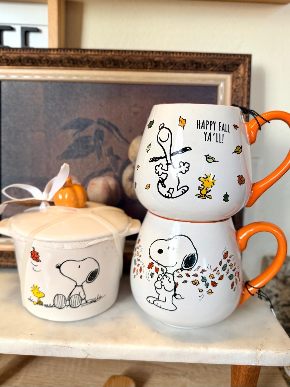 Full Rae Dunn & Peanuts Snoopy Ceramic Mug & Pot Set with Orange Handles